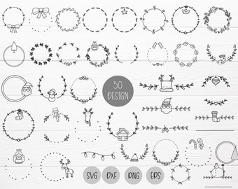 Paquete de 50 coronas navideñas svg, borde, flores para archivo de corte, santa, garabato, feliz navidad, dibujado, svg, dxf, png, eps, para cricut Silhouette, Cameo