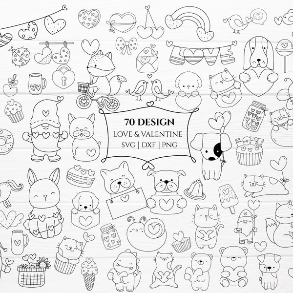 70 Walentynki pakiet SVG do pliku Cut, miłość, słodkie zwierzę, element SVG, Doodle, ręcznie rysowane, kreskówka, SVG, DXF, sylwetka Cricut, kamea