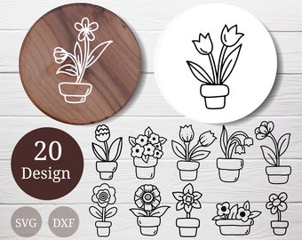 May include: 20 black and white line art designs of potted flowers. The designs include various flower types, such as tulips, lilies, and daisies. The designs are perfect for crafting, scrapbooking, and other creative projects.
