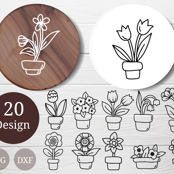 20 SVG Fleurs avec pots bundle pour fichier coupé, style de fleur dessinée à la main, dxf, png, eps, ai, pour Silhouette, Cameo, cricut