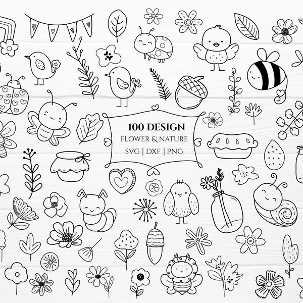 100 Flower leaf animal bundle svg,cut file, bird, flower nature SVG For Cut file, doodle hand drawn style,svg,png,eps, for cricut