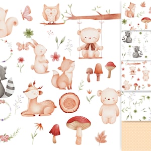 30 animales del bosque, acuarela, patrón sin costuras, papel digital, flor, hoja, png, clipart, osito bebé, zorro, conejo, ciervo, mapache, bosque