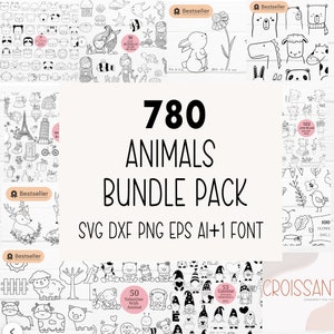 Paquete de 780 fuentes de dibujos animados de animales lindos, flores, gnomos y granjas, 14 elementos svg, dxf, png, eps, ai y archivo de corte de fuente, clipart para cricut Silhouette, Cameo