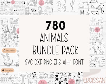 780 Cute Animals Cartoon,Flower,Gnome,Farm Font Bundle 14 items svg dxf png eps ai and font cut file, clipart for cricut Silhouette,Cameo
