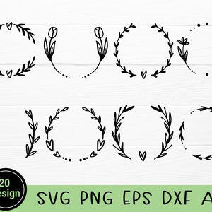20 SVG,PNG,DXF Wianki laurowe, Wianek z obramowaniem okręgu svg,Monogram svg, Obramowanie kwiatu svg,For Silhouette ręcznie rysowany styl dla cricut
