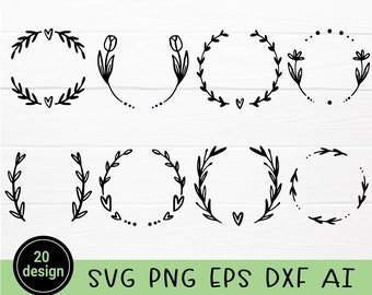 20 SVG,PNG,DXF Lorbeer Kranz Bündel, Kreis Rand Kranz svg, Monogramm svg, Blumen Rand svg, Für Silhouette handgezeichnet Stil für cricut