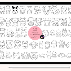 50 sellos Procreate de animales, lindos dibujos animados de animales, dibujados a mano, pincel para Procreate