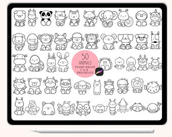 50 Animals Procreate Stamps, Cute Animal Cartoon Doodle,hand drawn, Brush for Procreate