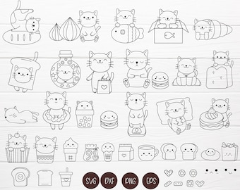 May include: A set of 36 black and white line art illustrations featuring cute cats with various food and drink items. The illustrations include cats eating donuts, fish, ice cream, and other treats. The set also includes various food and drink items such as donuts, ice cream cones, and coffee cups.