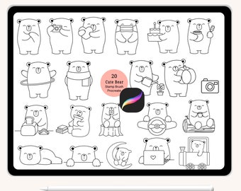 20 cute bear Stamp brush cartoon animal  for procreate Stamps, Abstract Doodle,hand drawn
