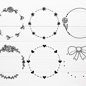 K&ouml;nnte beinhalten: Ein Set mit sechs schwarzen und wei&szlig;en floralen und geometrischen Kranzrahmen. Die Rahmen sind perfekt, um Ihren Bastelarbeiten und Projekten einen Hauch von Eleganz zu verleihen.