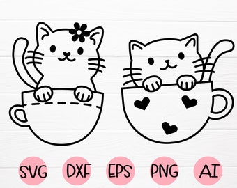 Mignon bébé chat avec tasse SVG fichier de coupe de chat Drôle de dessin animé svg Pour Cricle,Mignon chat eps,Mignon chat dxf,