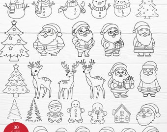 30 Christmas Bundle SVG Santa,Deer,Snowman,Cookie Cut File,Animal,Christmas Tree,Doodle,hand drawn,Cartoon, Clipart cricut Silhouette,Cameo