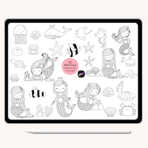 30 mermaid cartoon Bundle Stamp Procreate, Ocean animals fish, shell, crab, algae, and aquatic hand drawn,brush,cute animals