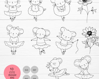 Maus Ballerina Cartoon Bundle svg, Schnittdatei, Tiere Maus Clipart SVG für Cut-Datei, Ratte Tier handgezeichnet Stil, svg, png,eps, für Cricut