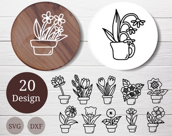 20 SVG Flowers with pots bundle for cut file, flower hand drawn style,dxf,png,eps,ai, for Silhouette,Cameo,cricut