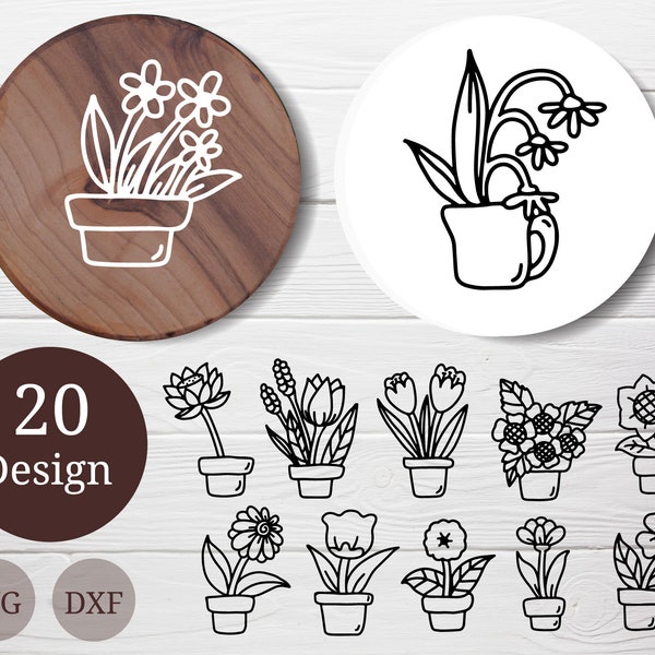 20 SVG Flowers with pots bundle for cut file, flower hand drawn style,dxf,png,eps,ai, for Silhouette,Cameo,cricut