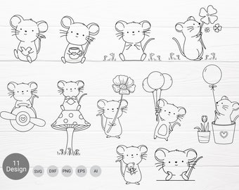 Kleine Maus Cartoon Bundle svg für Plotterdatei, Tiere Plotterdatei, Maus, Herz, Blumen svg, Tier handgezeichnet style, svg,png,eps, für cricut