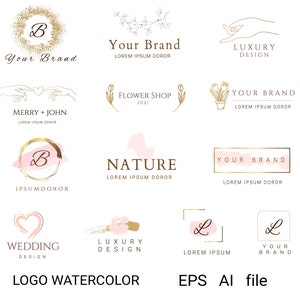 Flower  with watercolor Logo EPS,AI Gold Logo, Floral Wedding Logo, cosmetics logo Logo
