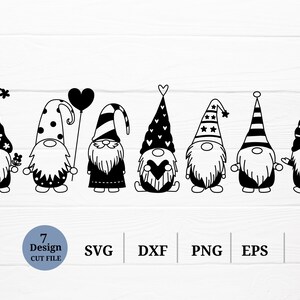 May include: Seven black and white gnome illustrations with different hats and facial expressions. The gnomes are holding a heart, a balloon, and a flower. The gnomes are all standing on a white background.