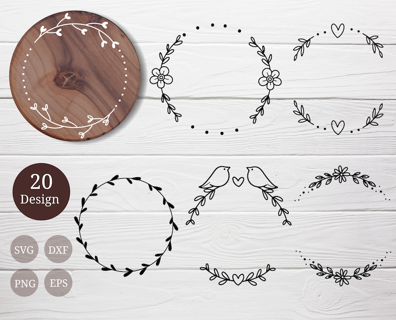 K&ouml;nnte beinhalten: Ein Set mit 20 schwarz-wei&szlig;en floralen Kranzdesigns. Die Kr&auml;nze bestehen aus einfachen Linien und beinhalten Herzen, Blumen und V&ouml;gel. Die Designs sind perfekt, um jedem Projekt einen Hauch von Eleganz zu verleihen.
