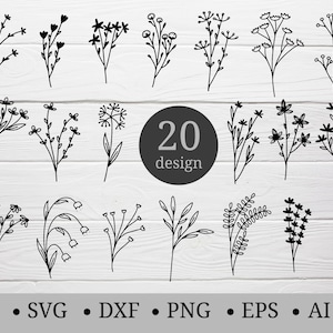 Pacchetto SVG disegnato a mano con fiori, file BotanicalCut, floreale, foglie, ramo SVG, fiore per Cricut, silhouette