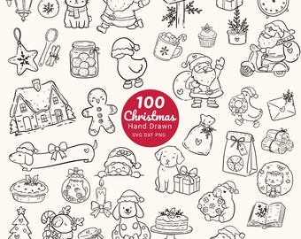 100 Christmas Hand Drawn SVG Bundle, Cute Xmas Doodles, Holiday Line Art Clipart, DXF PNG Cricut Files