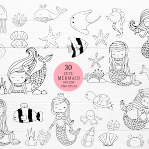 30 mermaid cartoon bundle svg,cut file,Ocean animals fish, shell, clipart SVG For Cut file, animal hand drawn style,svg,png,eps, for cricut