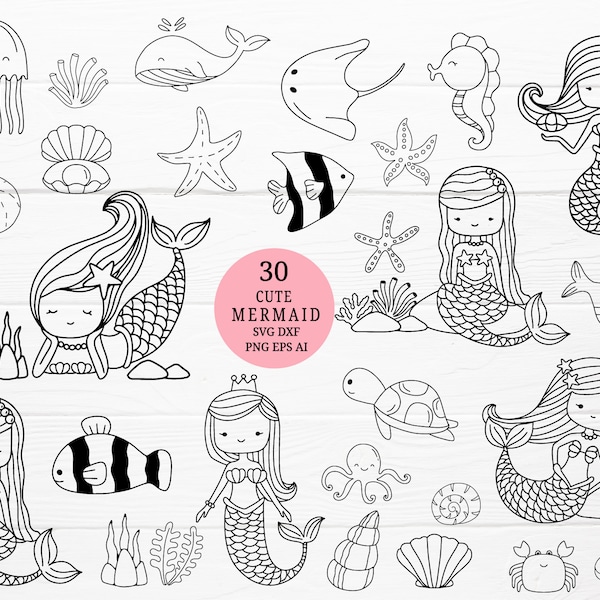 30 mermaid cartoon bundle svg,cut file,Ocean animals fish, shell, clipart SVG For Cut file, animal hand drawn style,svg,png,eps, for cricut