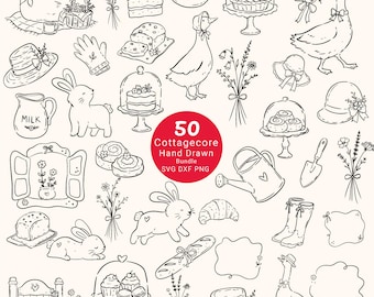 50 Hand Drawn Cottagecore SVG Bundle, Cozy Country Doodle Clipart, Rabbit Goose Flowers Garden PNG DXF, Rustic Farmhouse Digital Download
