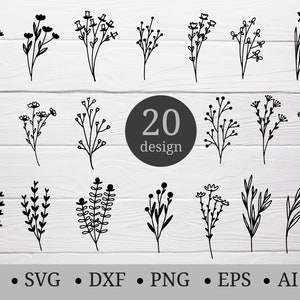 Lot de fleurs SVG dessinées à la main, fichier de coupe botanique, Floral, feuilles, branche Svg, fleur pour cricut, Silhouette