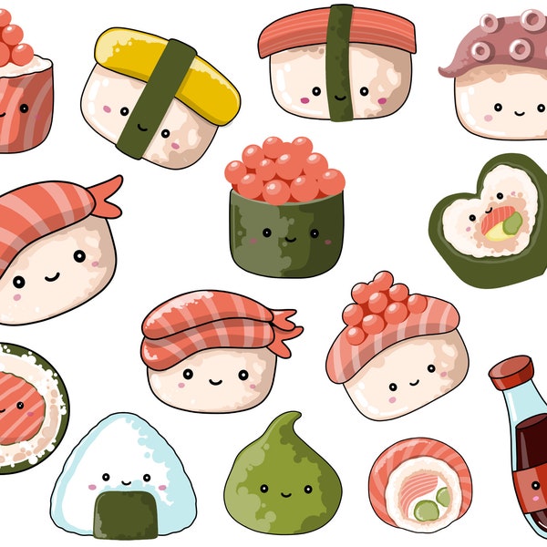 15 Kawaii Sushi Clipart  Cute Sushi Clipart Set bundle