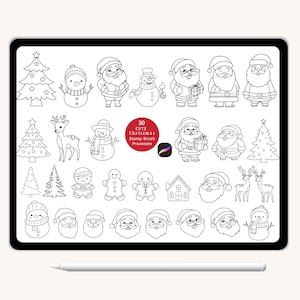 May include: A set of 30 black and white Christmas themed stamp brushes for Procreate. The brushes include images of Santa Claus, reindeer, snowmen, Christmas trees, gingerbread men, and a house.