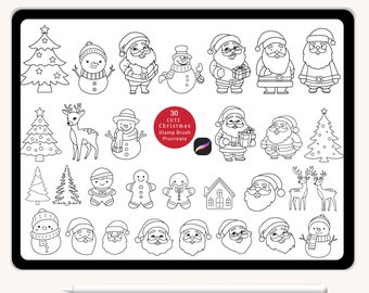 30 Christmas Procreate Stamps,Santa,Snowman,deer,cookie, Christmas ornaments Doodle, Christmas tree stamps  hand drawn,Brush for Procreate