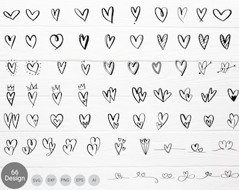 May include: A set of 66 hand-drawn heart designs in black and white. The hearts are in various styles, including simple, ornate, and whimsical. The designs are perfect for use in crafts, scrapbooking, and digital design.