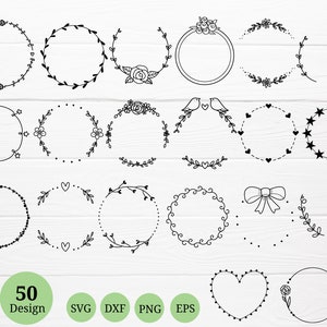 50 SVG Lorbeerkränze bündeln für Schnitt-Datei, Kreisrandkranz svg, Monogramm svg, Blumenrand svg, für Silhouette handgezeichneten Stil für Cricut