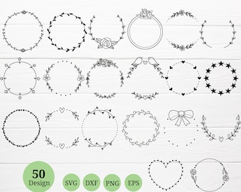 50 SVG Laurel wreaths bundle For Cut File, Circle border wreath svg, Monogram svg, Flower border svg, For Silhouette stile disegnato a mano per cricut