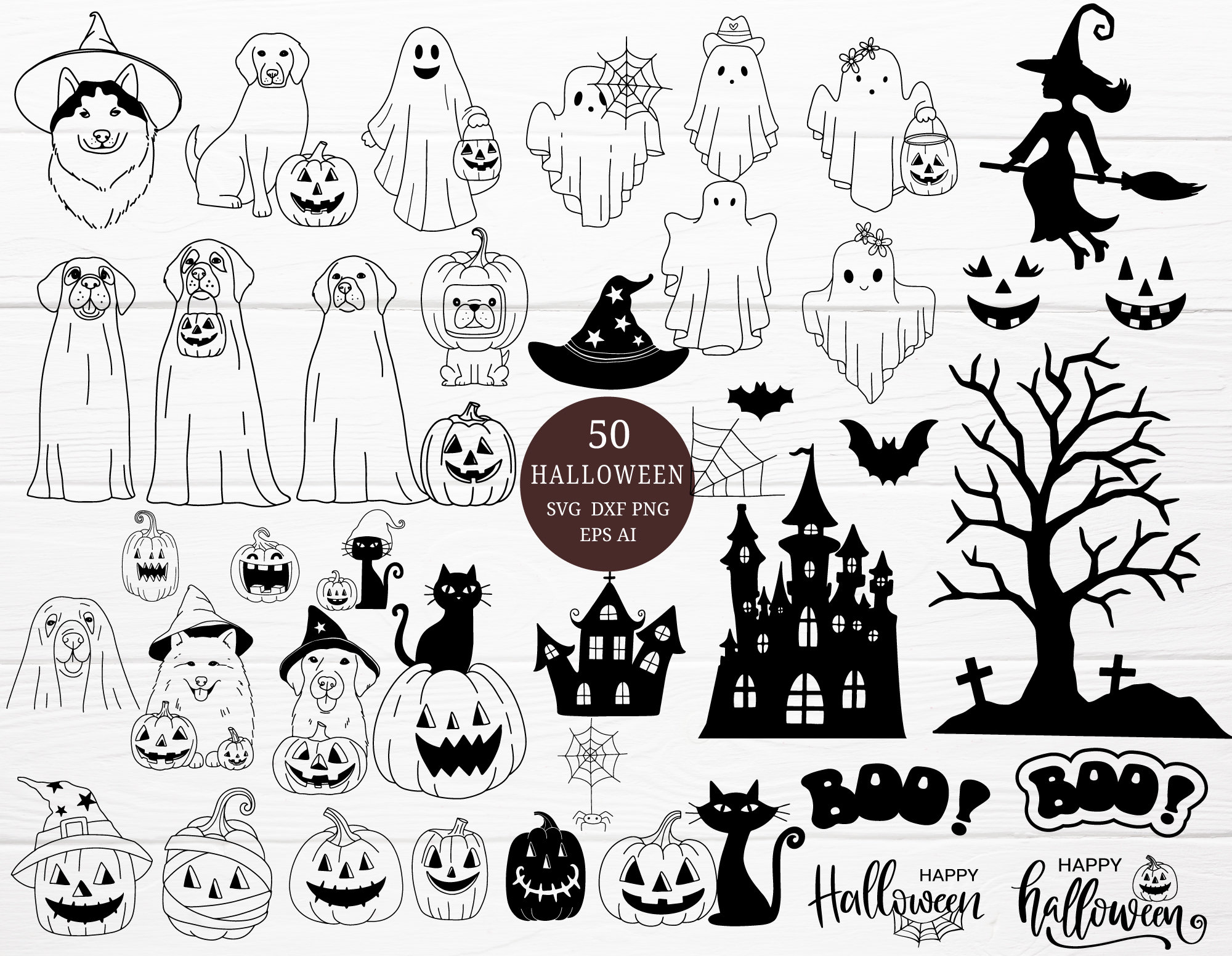 50 Cute Halloween Ghost Pumpkin SVG Bundle Cut FIle,Cricut,Halloween Clipart , Hand Drawn Style,svg,dxf,png,eps, for cricut Silhouette,Cameo