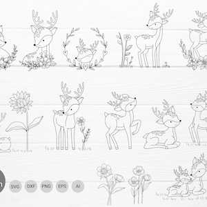 Deer cartoon bundle svg for cut file, Christmas animals cut file, flower svg, animal hand drawn style,svg,png,eps, for cricut
