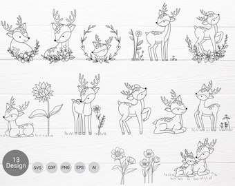 Hirsch Cartoon Bundle svg für Plotterdatei, Weihnachtstiere Plotterdatei, Blume svg, Tier handgezeichnet style, svg,png,eps, für cricut