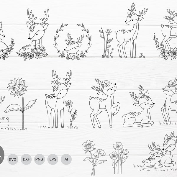 Pakiet kreskówek jelenia SVG do pliku cięcia, plik cięcia zwierząt świątecznych, kwiat SVG, styl ręcznie rysowane zwierzę, SVG, PNG, EPS, dla Cricut