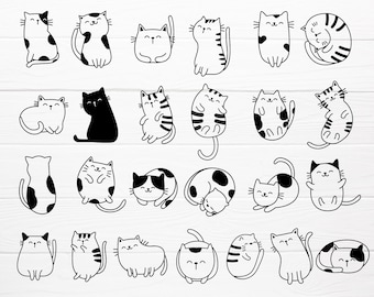 May include: A set of 24 black and white line drawings of cats in various poses. The cats are all cartoon-style and have simple features. Some cats are sitting, some are standing, some are sleeping, and some are playing.
