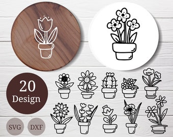 20 SVG Flowers with pots bundle for cut file, flower hand drawn style,dxf,png,eps,ai, for Silhouette,Cameo,cricut