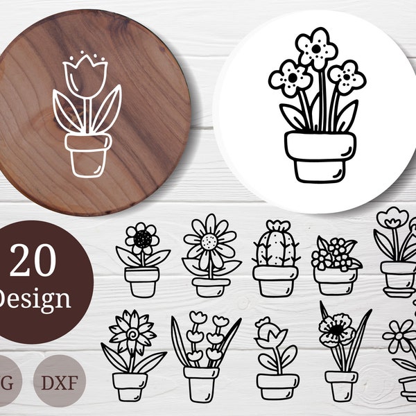 20 SVG Flowers with pots bundle for cut file, flower hand drawn style,dxf,png,eps,ai, for Silhouette,Cameo,cricut