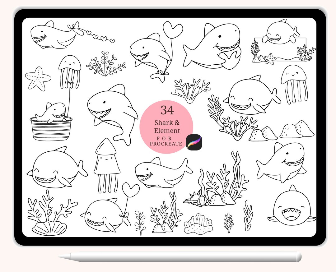 34 Shark Cartoon Stamp Brush Fish for Procreate Animals Bundle Stamp ...