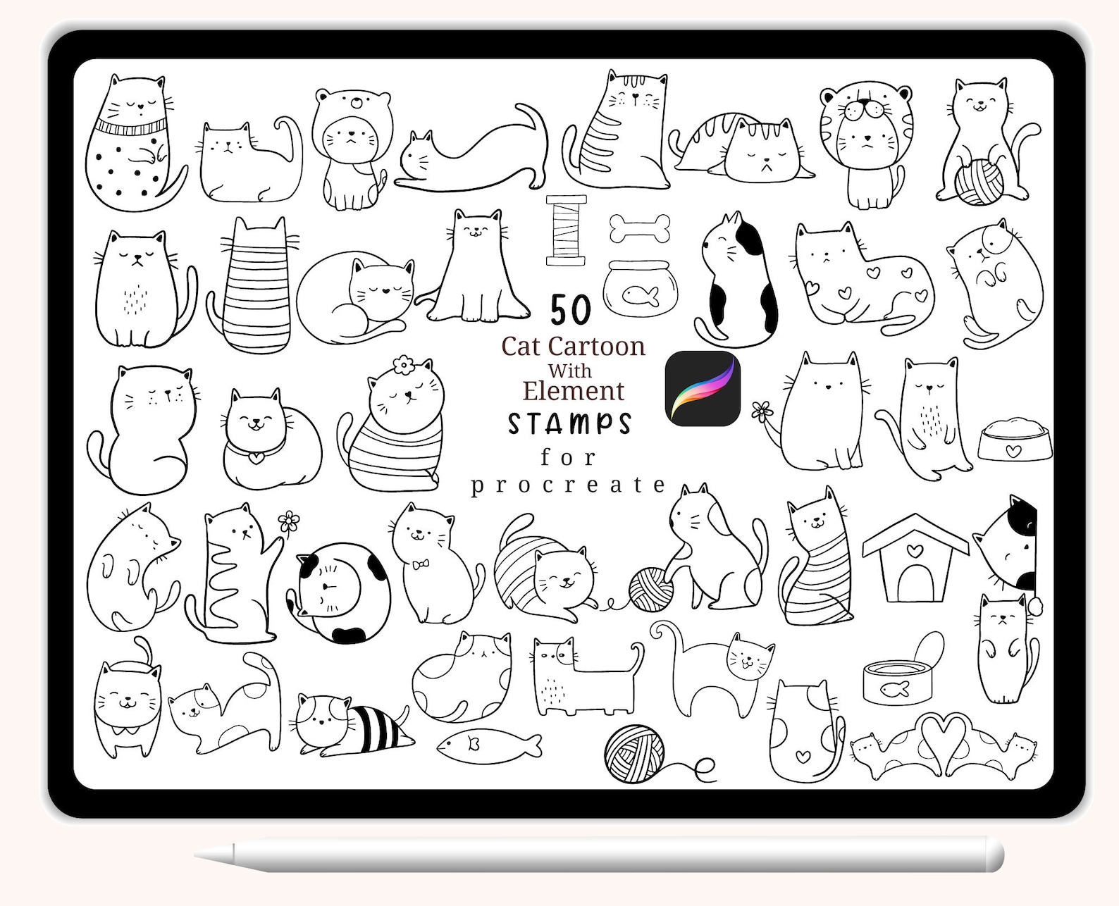 50 Cat Cartoon Procreate Stamps,cute Cat, Abstract Doodle,hand Drawn ...