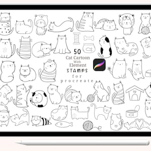 50 katten cartoon voortplanten postzegels, schattige kat, abstracte doodle, handgetekende, voortplanten, stempelborstel, tekenfilm met schattige dieren