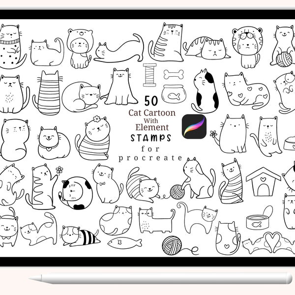 50 Cat Cartoon Procreate Stamps,Cute Cat, Abstract Doodle,hand drawn, Procreate , stamp brush,cute animals cartoon