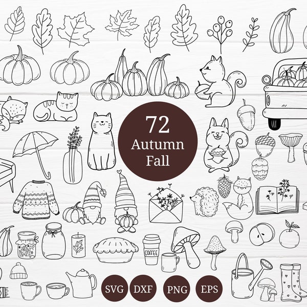 72 Autumn Fall SVG Bundle,Pumpkins SVG, For Cut file, hand drawn style,svg,dxf,png,eps, for cricut Silhouette,Cameo,