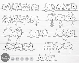 May include: A set of 10 black and white digital illustrations of cute cats in various poses. The cats are wearing hats, glasses, and other accessories. Some of the cats are holding Christmas decorations, a bell, and a Christmas tree. The illustrations are ideal for creating greeting cards, invitations, and other festive projects.